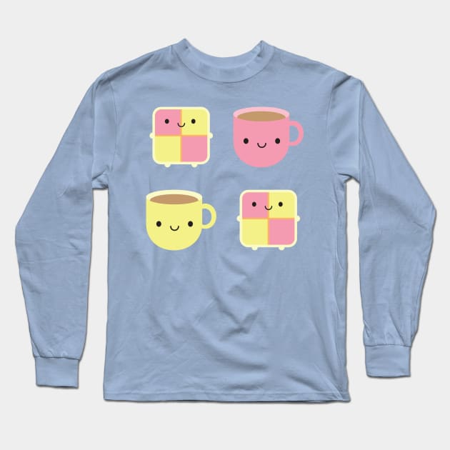 Kawaii Battenberg Cake & Cup of Tea Long Sleeve T-Shirt by marcelinesmith